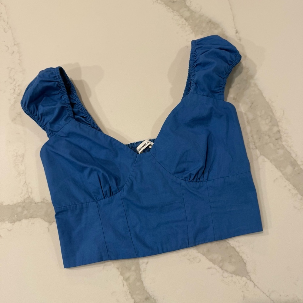 Abercrombie & Fitch Cap Sleeve Poplin Crop Top Women’s Small Royal Blue Smocked - Picture 4 of 9